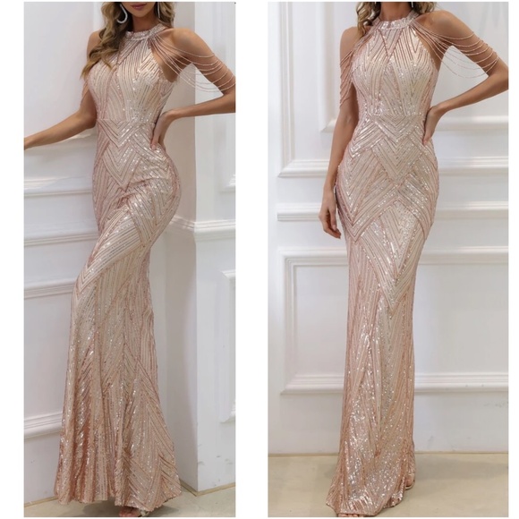 Luxe Sequin Halter Evening Party Wedding Bodycon Gown Dress - Picture 8 of 9